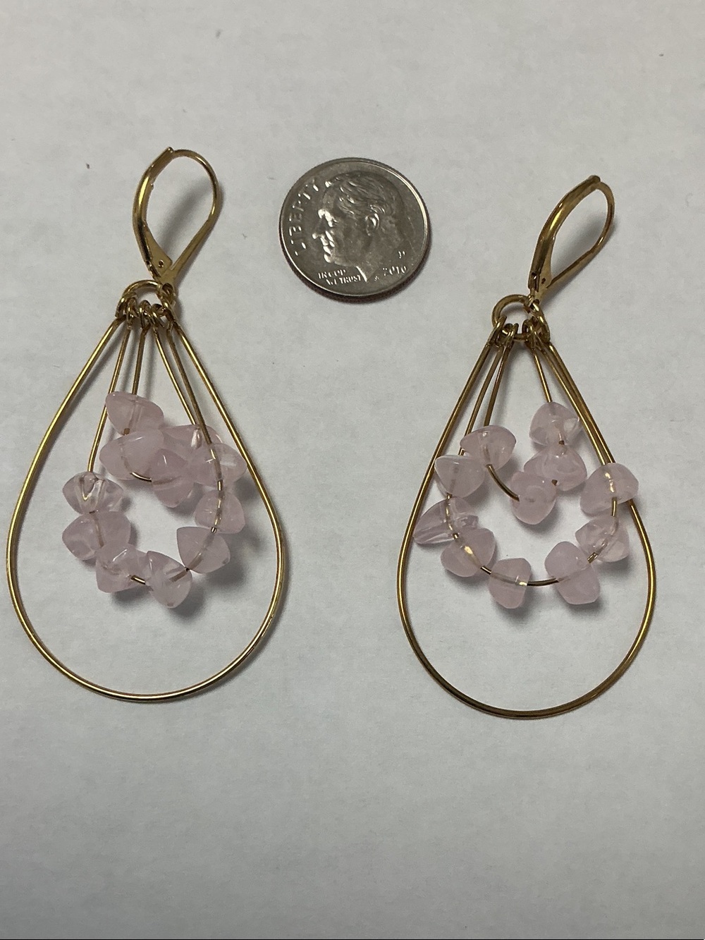 Vintage 2007 Avon Gold-Tone Teardrop Earrings with Light Pink Bead Clusters